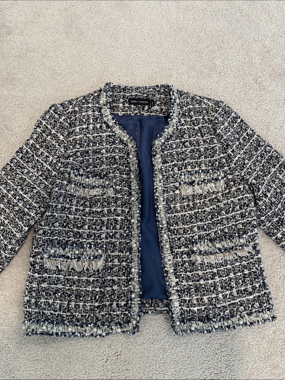 Stella + Lorenzo Navy and White Tweed Fringe Jacket